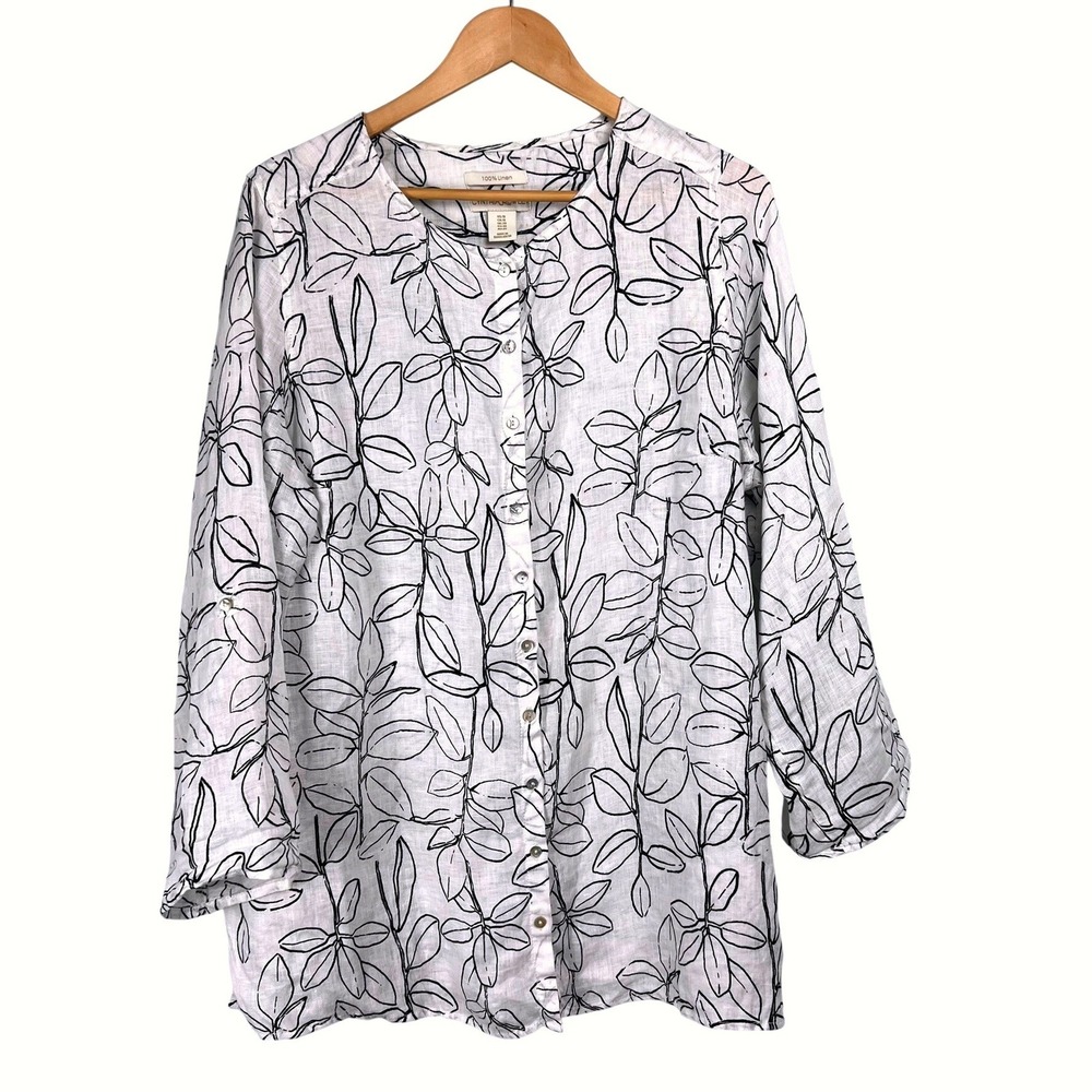 Cynthia Rowley White Black Linen Button Up Tunic Top 1X Roll Up Sleeve Lagenlook